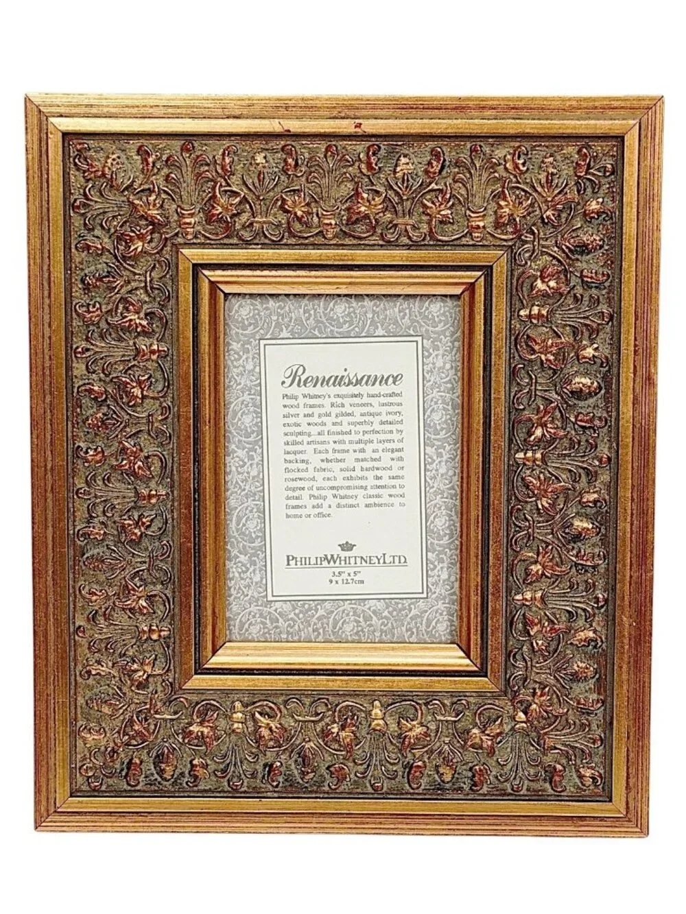 PHILIP WHITNEY Renaissance Ornate Frame Handcrafted Wood Antiqued Goldtone 3.5x5